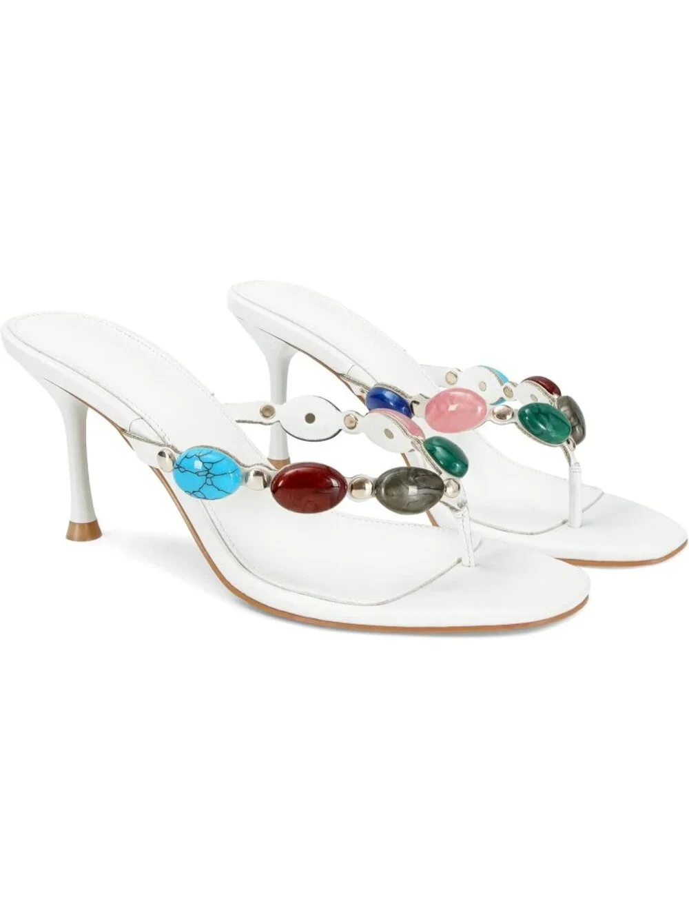 Women's White Open Toe Beaded Strappy High Heels Sandals Slip On Thong Heels